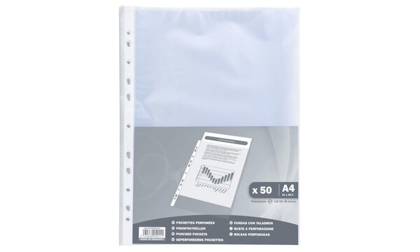 Sachet de 50 pochettes perforées polypropylène Grainé 38 microns - A4 x 20 EXACOMPTA