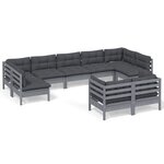 vidaXL Salon de jardin 9 Pièces avec coussins Gris Bois de pin massif