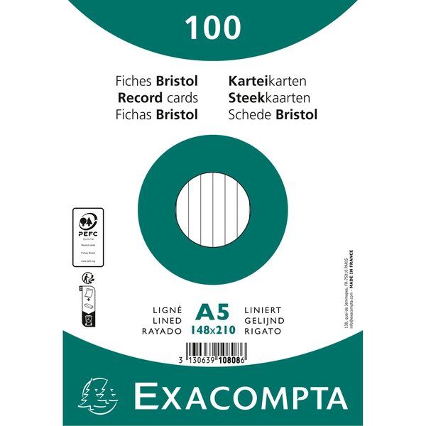 Paquet 100 Fiches Sous Film - Bristol Ligné Non Perforé 148x210mm - Blanc - X 10 - Exacompta