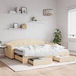 vidaXL Lit de jour avec gigogne et tiroirs crème 90x200 cm tissu