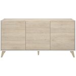 Buffet bas NESS - Mélamine bois clair et blanc - 3 Portes - 155 x 43 x 75 cm