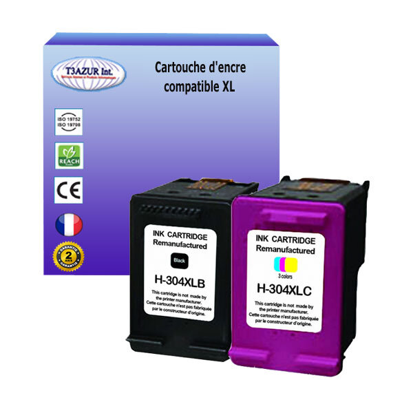 T3azur - 1+1 cartouches d'encre compatibles remplace hp 304 304xl noir+couleur pour hp envy 5000  5010  5020  5030