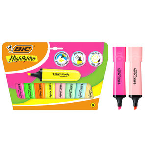 Surligneurs Bic Marking Flat Pack de 8 marqueurs fluorescents - Pointe biseautée - Tracé entre 1 20 et 4 60 mm - Encre à base d'eau - Couleurs fluo et pastel assorties