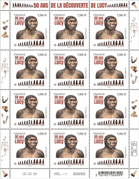 Feuille de 12 timbres - 50 ans de la découverte de Lucy - Lettre internationale