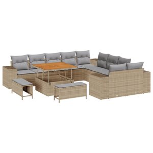 Ensemble de canapé de jardin de 13 pièces avec coussins Beige Poly Rotin Acacia