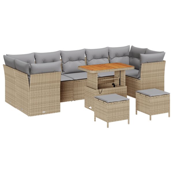 Set de canapé de jardin 10 pièces avec coussins Beige Rotin Synthétique Acacia