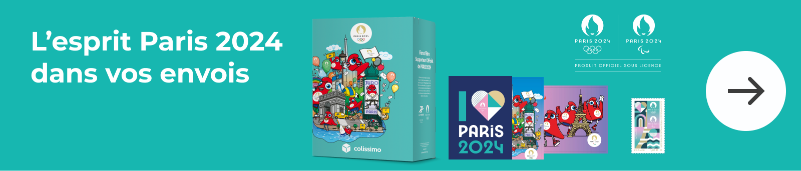 Retrouvez toute la collection portant sur Paris 2024 : timbres, cartes postales, boites Colissimo...