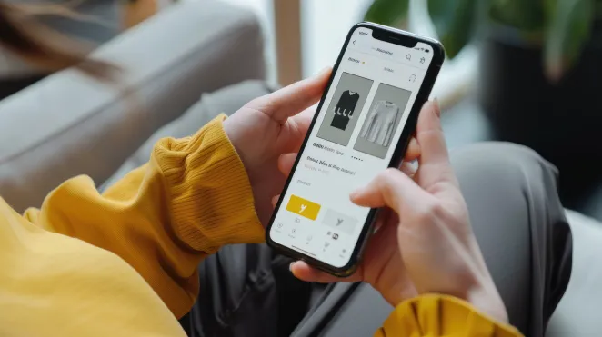 personne tenant son téléphone dans les deux mains, elle est entrain de visiter un site internet