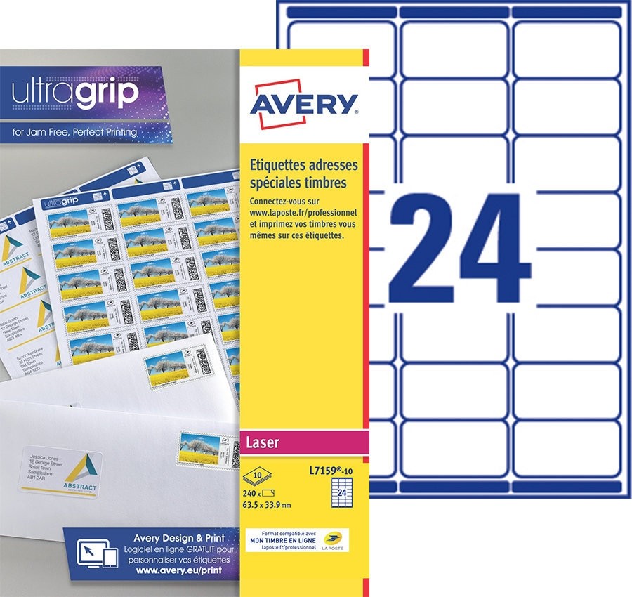 AVERY - Pochette de 72 étiquettes autocollantes pour imprimer ses timbres,  Personnalisables et imprimables