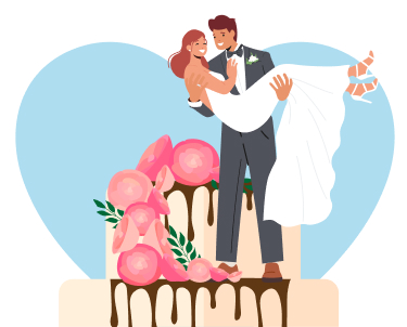 Dessin en couleur de jeunes mariés au sommet d'un gâteau