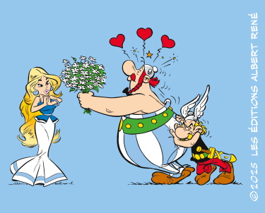 Astérix pousse Obélix à offrir un bouquet de fleurs à Falbala, illustration en couleur